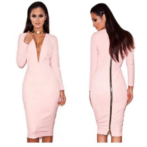 House Of CB Dominique Pink Deep Plunge Bodycon MIDI Dress Medium - Picture 2 of 16